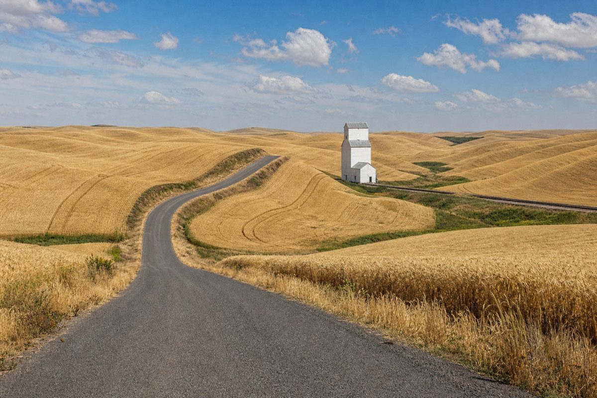 Rolling Palouse wheat hills in late summer with a narrow paved farm road curving steeply over a rise toward a grain elevator