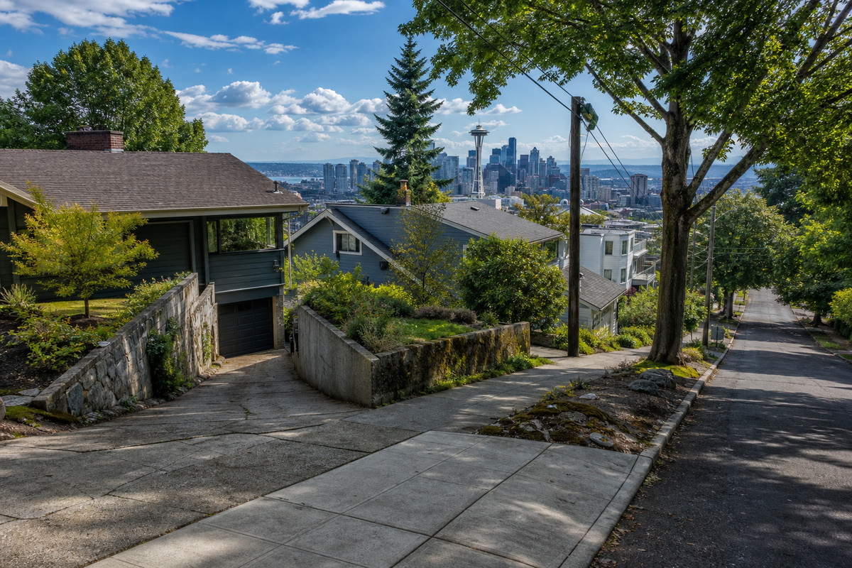 A Seattle residential hillside street with mature trees, a steep paved driveway and the downtown skyline behind the rooftops
